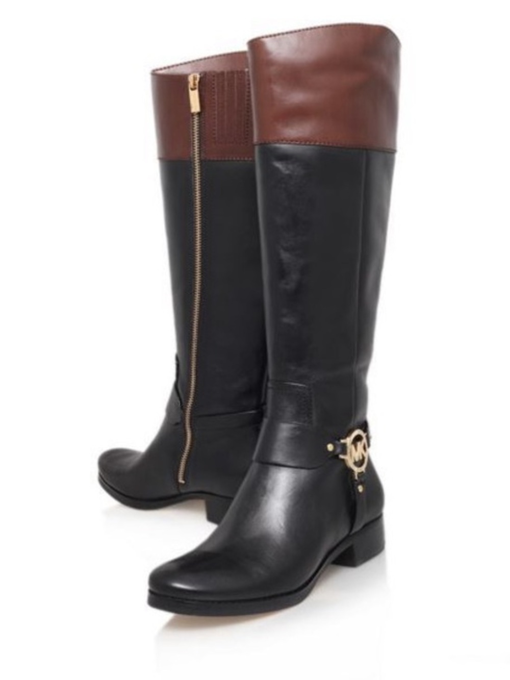 Michael Kors Black and Brown Tall Leather Riding Boots with Gold Logo